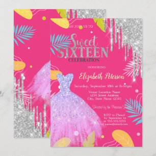 Tropisches Blätter Glitter Kleid Rosa Sweet 16 Einladung