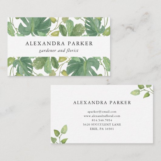 Tropisches Blätter | grün und Weiß Visitenkarte (Vorne/Hinten)