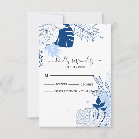 Tropisches Blätter in Blau und Weiß RSVP Karte (Vorderseite)
