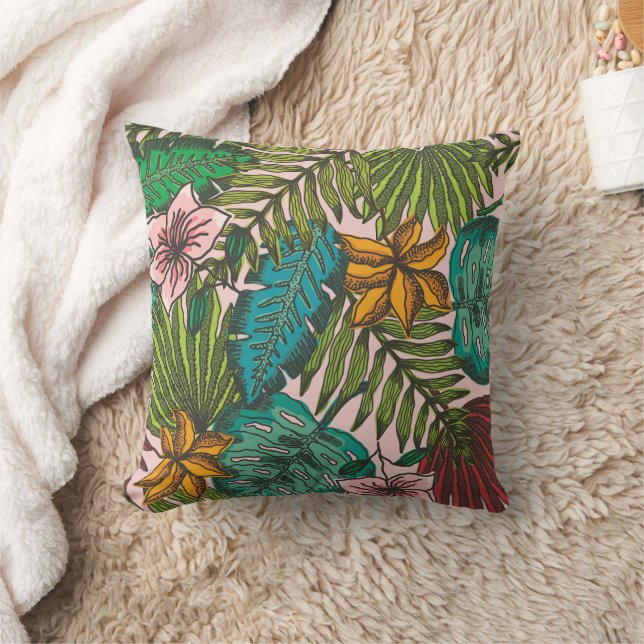 Tropisches Blätter-Muster - Boho-Blumendekor Kissen (Decke)