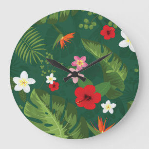 Tropisches Blätter-Muster Große Wanduhr