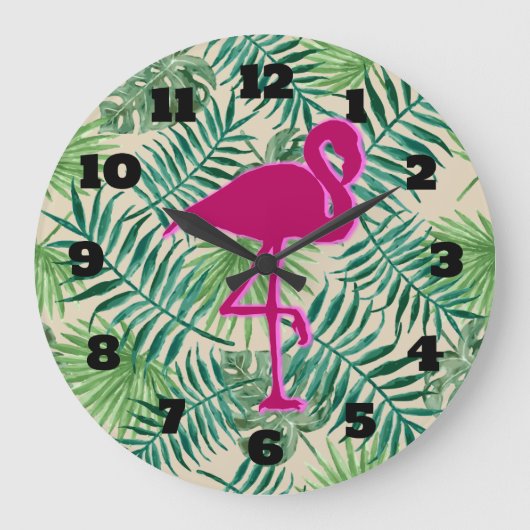 Tropisches Blätter-Muster und rosa Flamingo Große Wanduhr (Vorderseite)