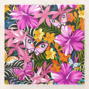Tropisches Blätter und Blumen Glasuntersetzer