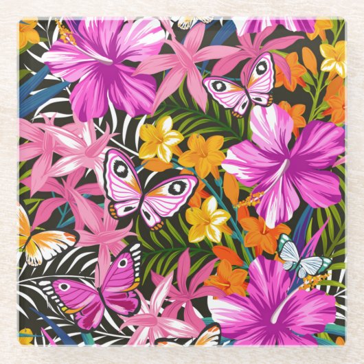 Tropisches Blätter und Blumen Glasuntersetzer (Vorderseite)