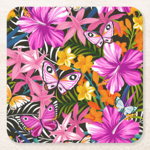 Tropisches Blätter und Blumen Rechteckiger Pappuntersetzer