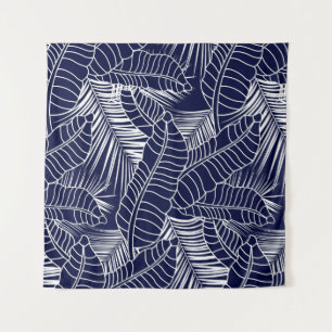 tropisches Blattmuster auf marineblau Hintergrund Wandteppich