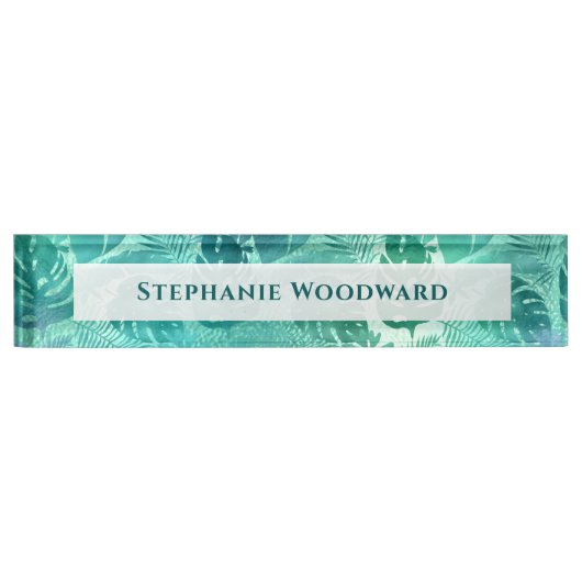 Tropisches Blattmuster Blau Grün Namensplakette (Vorderseite)