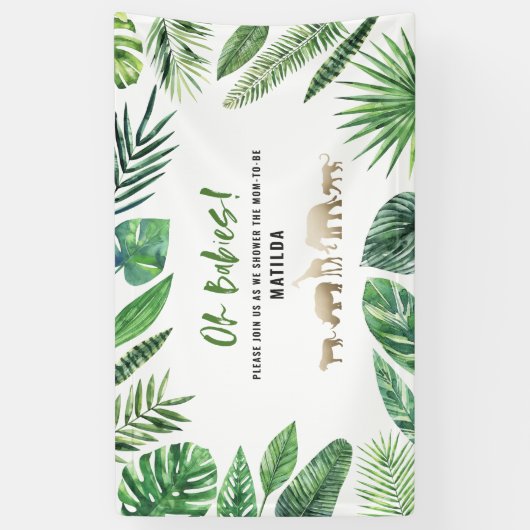 Tropisches Blattwerk + Goldtiere Babydusche Party Banner (Vertikal)