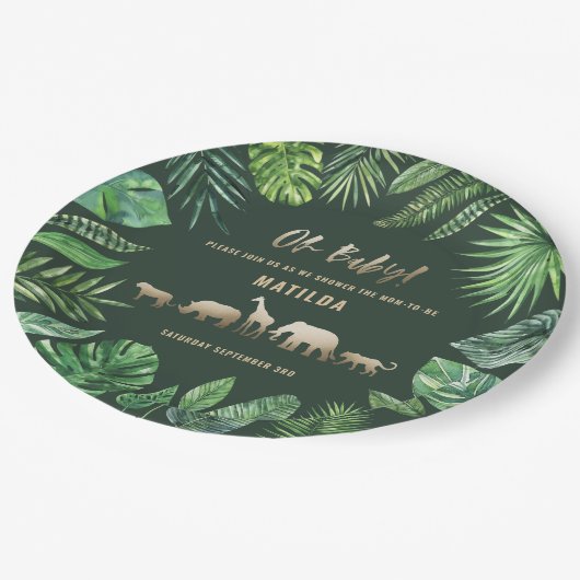 Tropisches Blattwerk + Goldtiere Babydusche Party Pappteller (Schrägansicht)