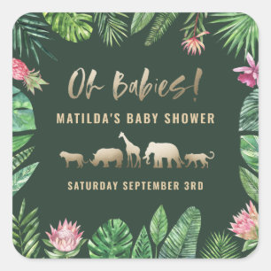 Tropisches Blattwerk + Goldtiere Babydusche Party Quadratischer Aufkleber