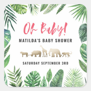 Tropisches Blattwerk + Goldtiere Babydusche Party Quadratischer Aufkleber