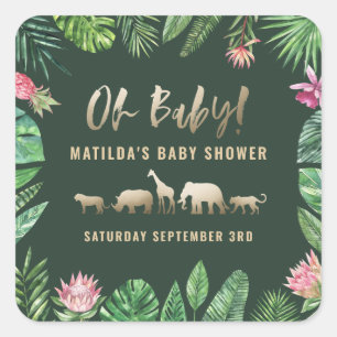 Tropisches Blattwerk + Goldtiere Babydusche Party Quadratischer Aufkleber