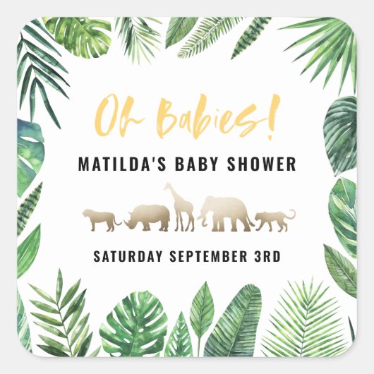 Tropisches Blattwerk + Goldtiere Babydusche Party Quadratischer Aufkleber (Vorderseite)