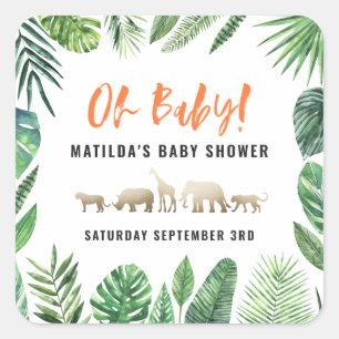 Tropisches Blattwerk + Goldtiere Babydusche Party Quadratischer Aufkleber