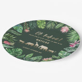 Tropisches Blattwerk + Goldtiere, zwei Babyduschen Pappteller (Schrägansicht)