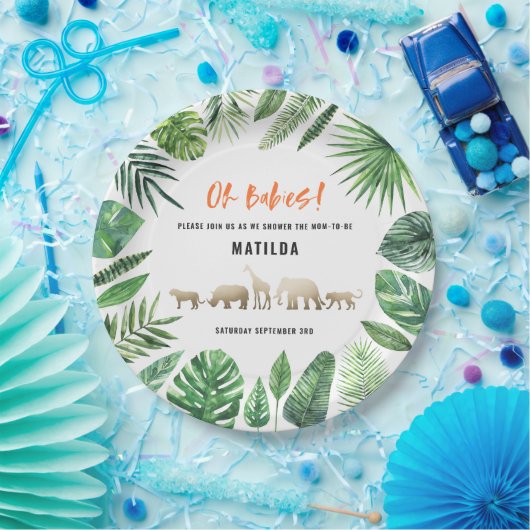 Tropisches Blattwerk + Goldtiere, zwei Babyduschen Pappteller (Party)