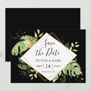 Tropisches Blattwerk Schwarz & Gold Elegantes Geom Save The Date