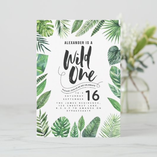 Tropisches Blattwerk + Skripttext eines Geburtstag (Stehend Vorderseite)