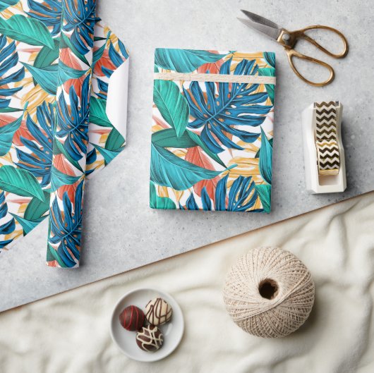 Tropisches Blau gelbe Blätter  Geschenkpapier (Kunsthandwerk)