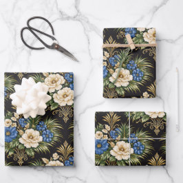 Tropisches Blau-Palm-Blumenmuster Geschenkpapier Set