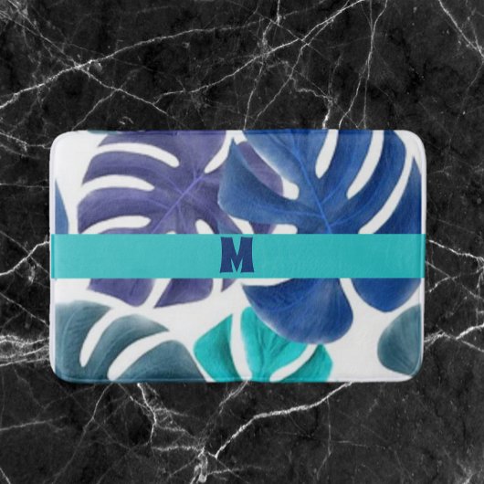 Tropisches Blau und Lila Palmen Badematte