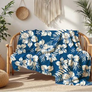 Tropisches Blau und Weiße Blumen Fleecedecke