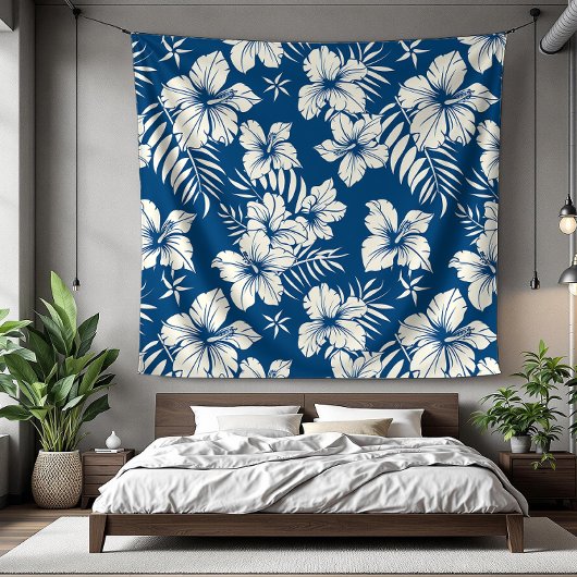 Tropisches Blau und Weiße Blumen Fleecedecke