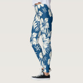 Tropisches Blau-Weiß-Blumenmuster Leggings (Links)