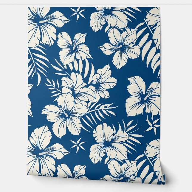 Tropisches Blau-Weiß-Blumenmuster Tapete (Abrollen)