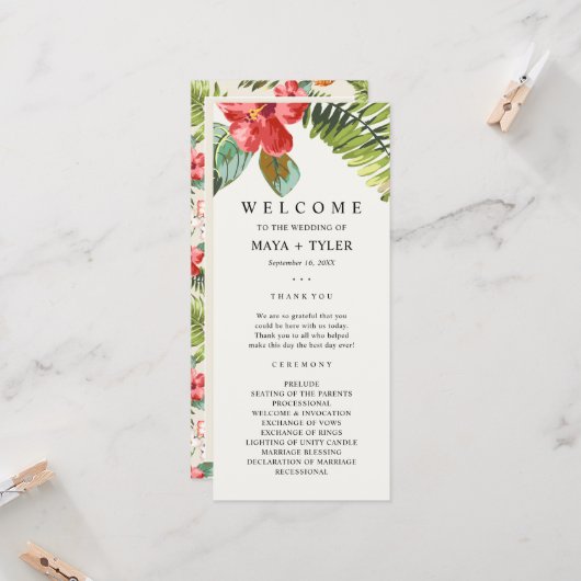 Tropisches Blumen-Grün-Hochzeitsprogramm (Vorderseite/Rückseite Beispiel)