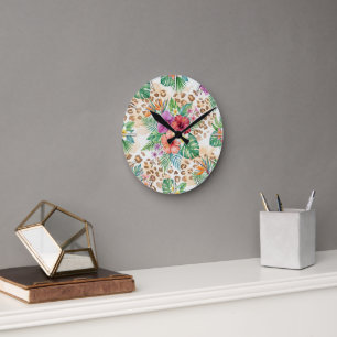 Tropisches Blumen-Leoparden-Druckmuster Runde Wanduhr