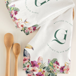 Tropisches Blumen- Palmwedel- Monogramm- Strandhau Geschirrtuch