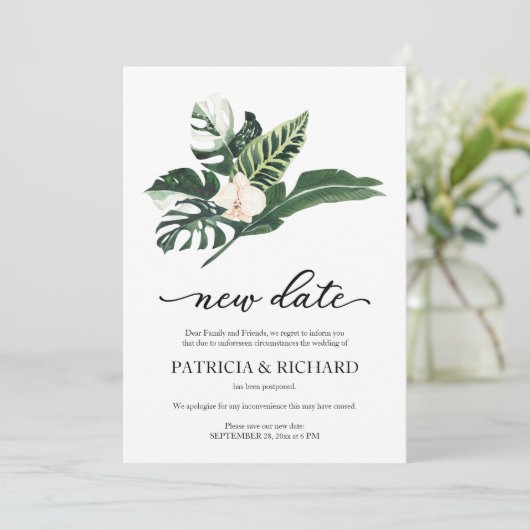 Tropisches Blumendatum - Hochzeitaufschub Einladung (Stehend Vorderseite)