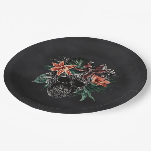 Tropisches Blumenkull Halloween Pappteller (Schrägansicht)