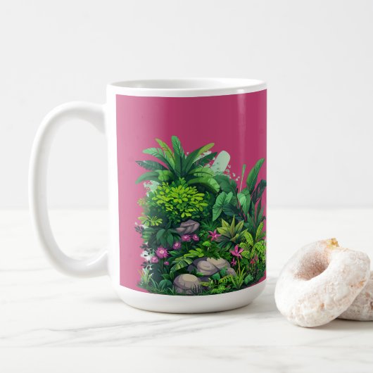 Tropisches Blumenmuster auf der Fuschia-Rose Kaffeetasse (Mit Donut)