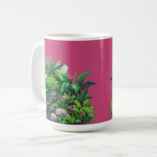 Tropisches Blumenmuster auf der Fuschia-Rose Kaffeetasse (Vorderseite Links)