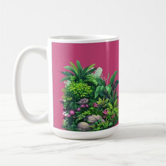 Tropisches Blumenmuster auf der Fuschia-Rose Kaffeetasse (Links)
