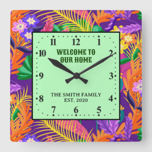 Tropisches Blumenmuster Benutzerdefinierter Text-2 Quadratische Wanduhr