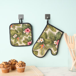 Tropisches Blumenmuster – Hibiskus, Monstera Ofenhandschuh & Topflappen-Set