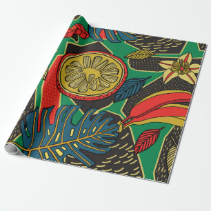 Tropisches Blumenmuster im Doodle-Stil mit Früchte Geschenkpapier