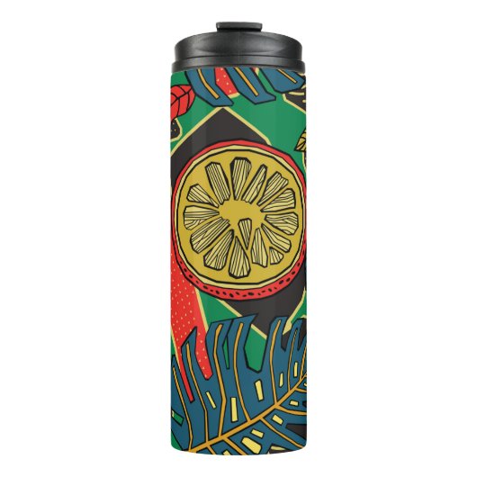 Tropisches Blumenmuster im Doodle-Stil mit Früchte Thermosbecher (Vorderseite)
