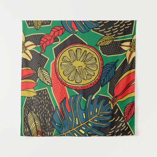 Tropisches Blumenmuster im Doodle-Stil mit Früchte Wandteppich (Vorderseite)