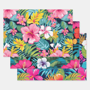 Tropisches Blumenmuster mit Hibiskus und Plumerie  Geschenkpapier Set