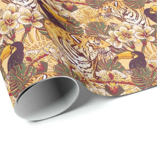 Tropisches Blumenmuster mit Tiger Geschenkpapier (Rolleneckpunkt)