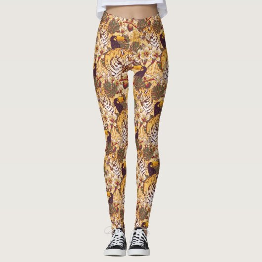 Tropisches Blumenmuster mit Tiger Leggings (Vorderseite)