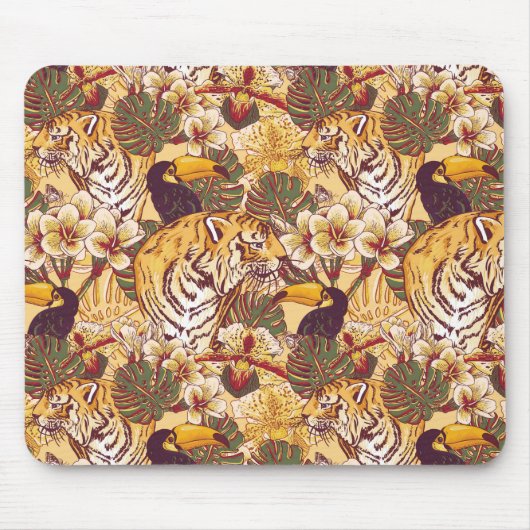 Tropisches Blumenmuster mit Tiger Mousepad (Vorne)