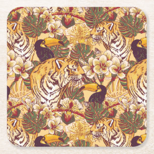 Tropisches Blumenmuster mit Tiger Rechteckiger Pappuntersetzer