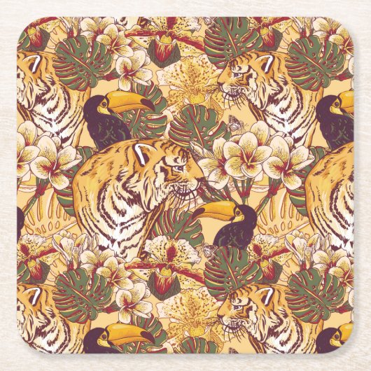 Tropisches Blumenmuster mit Tiger Rechteckiger Pappuntersetzer (Vorderseite)