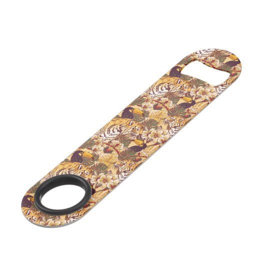 Tropisches Blumenmuster mit Tiger Speedflaschenöffner (Vorderseite Schrägansicht)