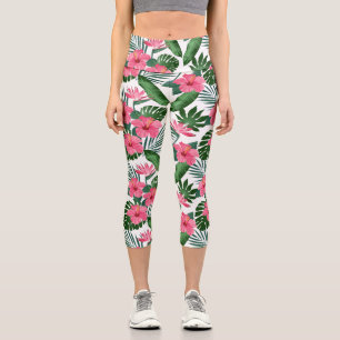 Tropisches Blumenmuster Rosa Hibiskus Blume Capri Leggings